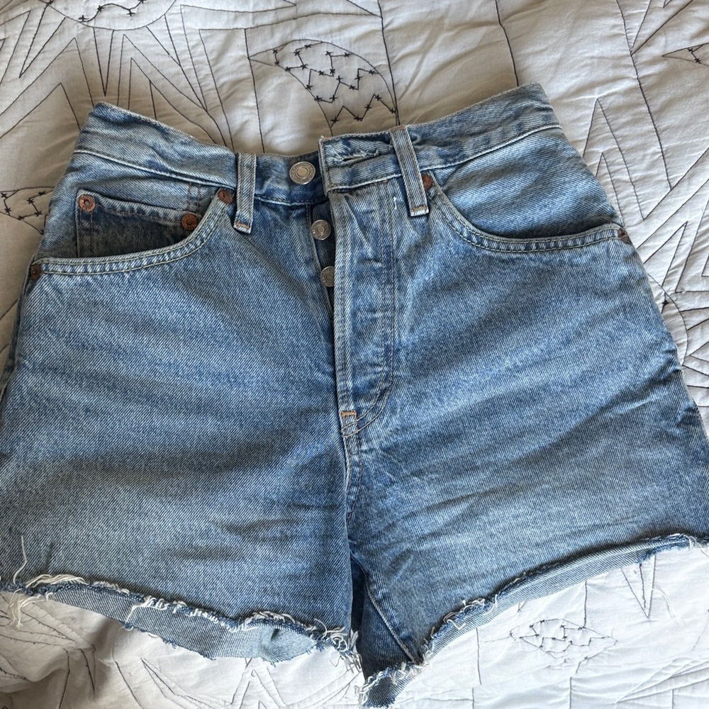 Re/Done Light Blue High-Rise Button-Fly Denim Shorts